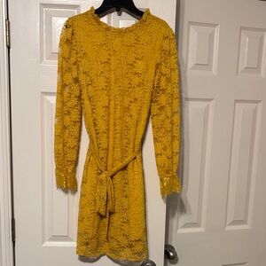 Allegra K Mustard Yellow Lace Long-Sleeve Tie-Waist Dress
